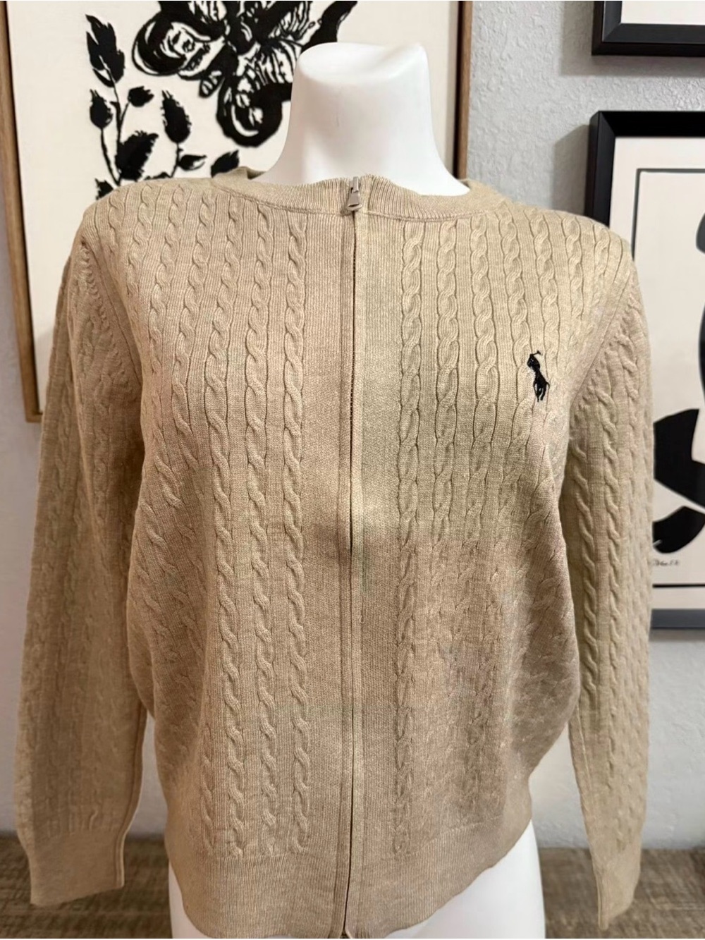 Ralph Lauren Beige Cable-Knit Zip-Front Cardigan Sweater